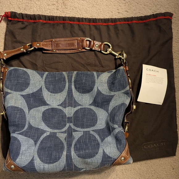 Vintage Coach Denim Blue and Brown Shoulder Baggage - Picture 1 of 5